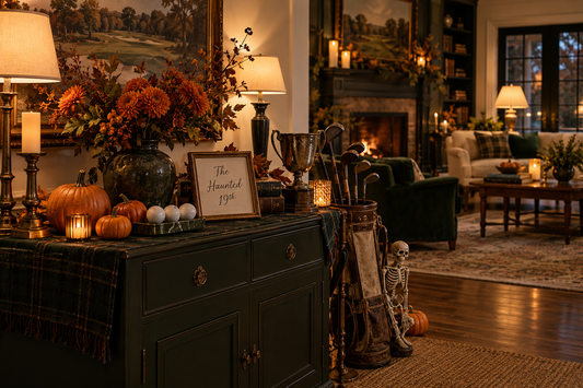 Golf-themed Halloween welcome table with pumpkins, orange flowers, a vintage golf bag and a miniature skeleton.
