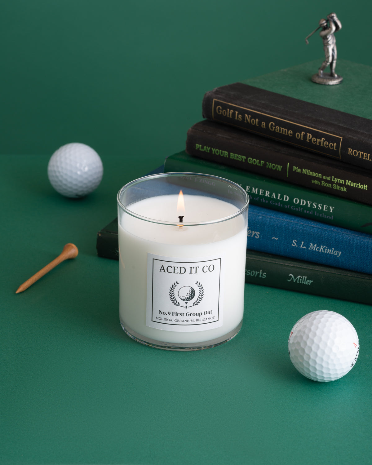 First Group Out candle by Aced It Co., inspired by peaceful early morning tee times and golf course rituals.